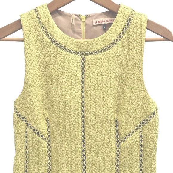 Rebecca‎ Taylor Cocktail Mini Dress Yellow Chartreuse Ladder Stitch Sleeveless 2 - Picture 9 of 12